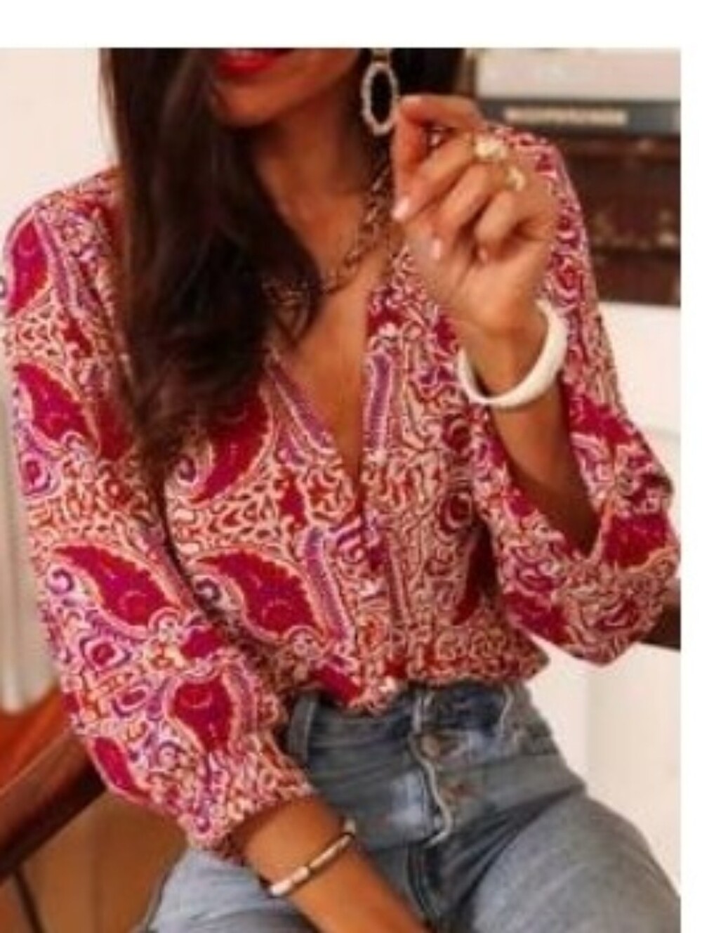 Red & White Patterned Button-Up Blouse